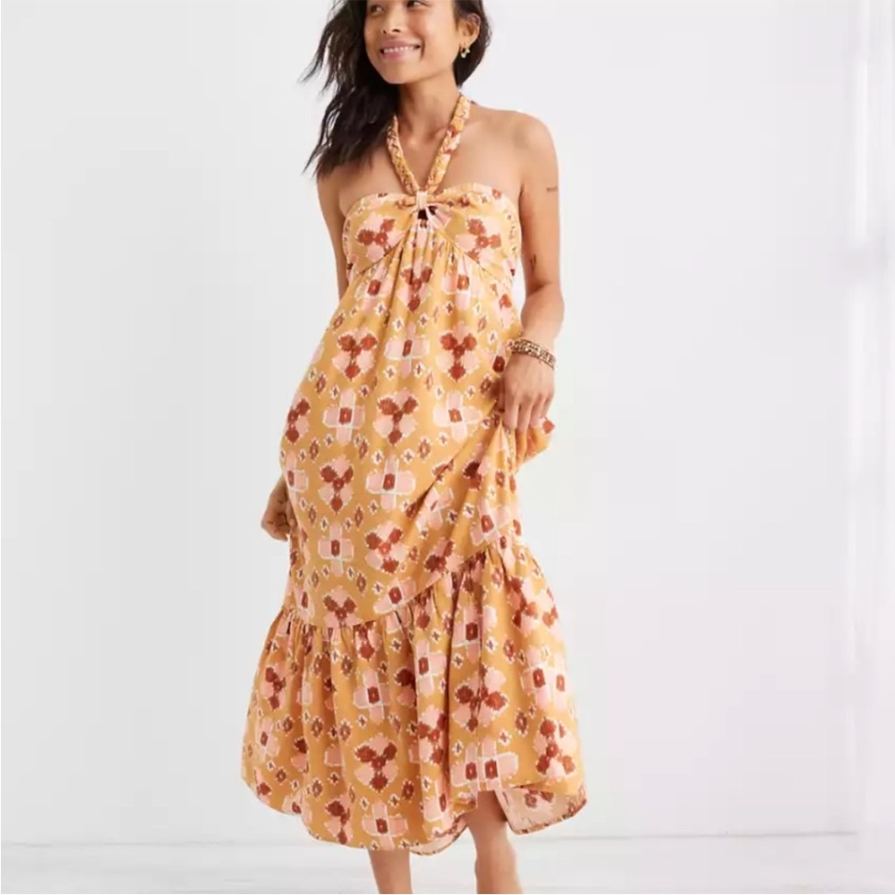 Aerie Linen Blend Halter Maxi Dress Yellow Ikat‎ Boho Tiered High-Low Medium